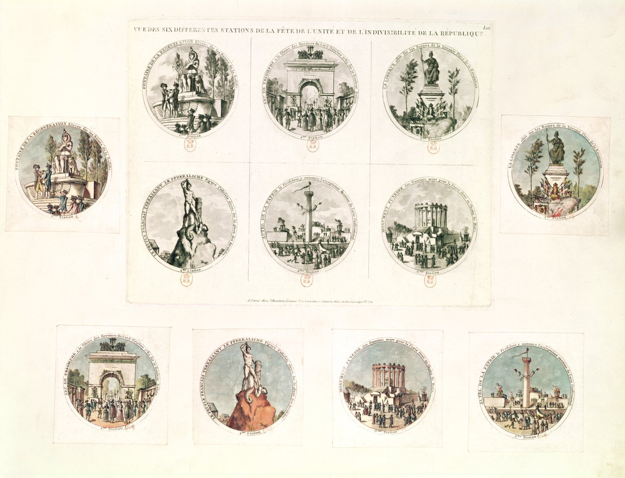 De seks stasjonene under festivalen for enhet og udelelighet av republikken, 10. august 1793 av French School