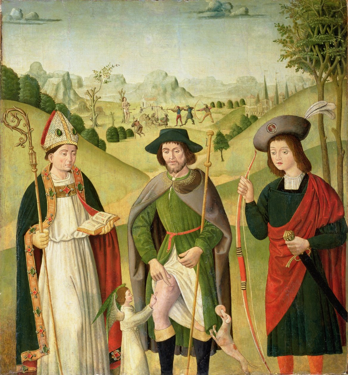 Tre hellige: Biskop Saint, St. Roch og St. Sebastian, ca. 1460-80 av French School
