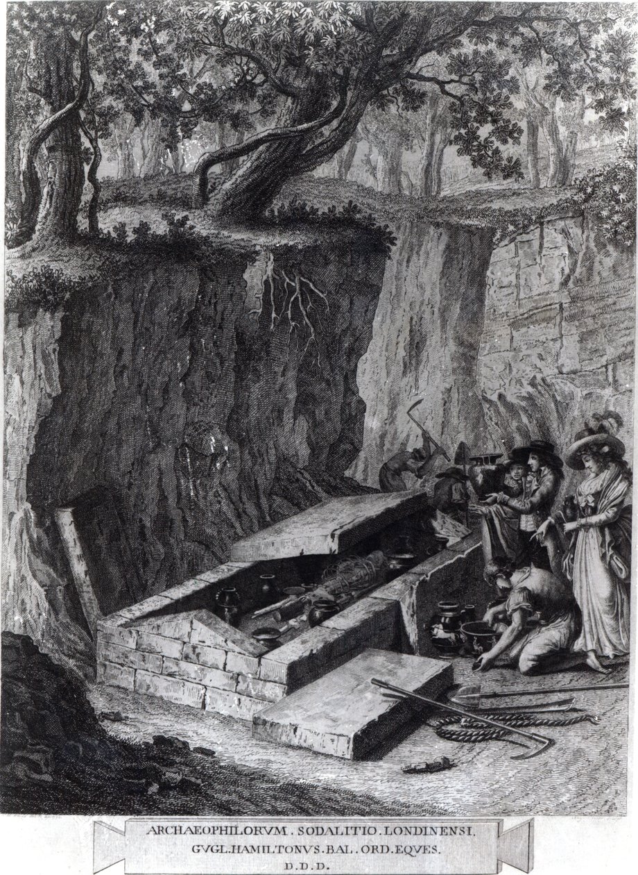 Turister som ser på åpningen av en gammel grav, ca. 1766 av French School