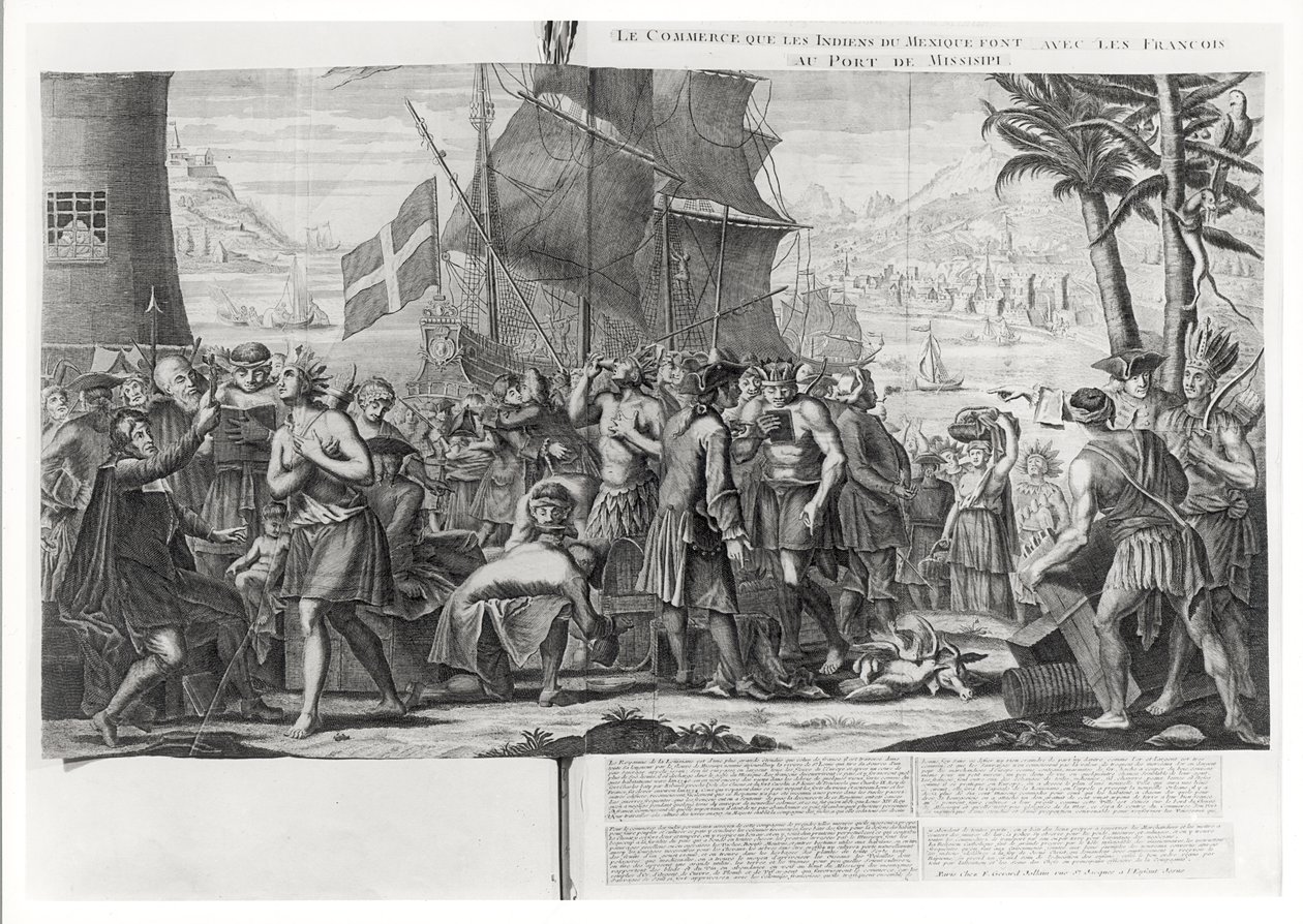 Handel mellom meksikanske indianere og franskmenn ved havnen i Mississippi, av French School