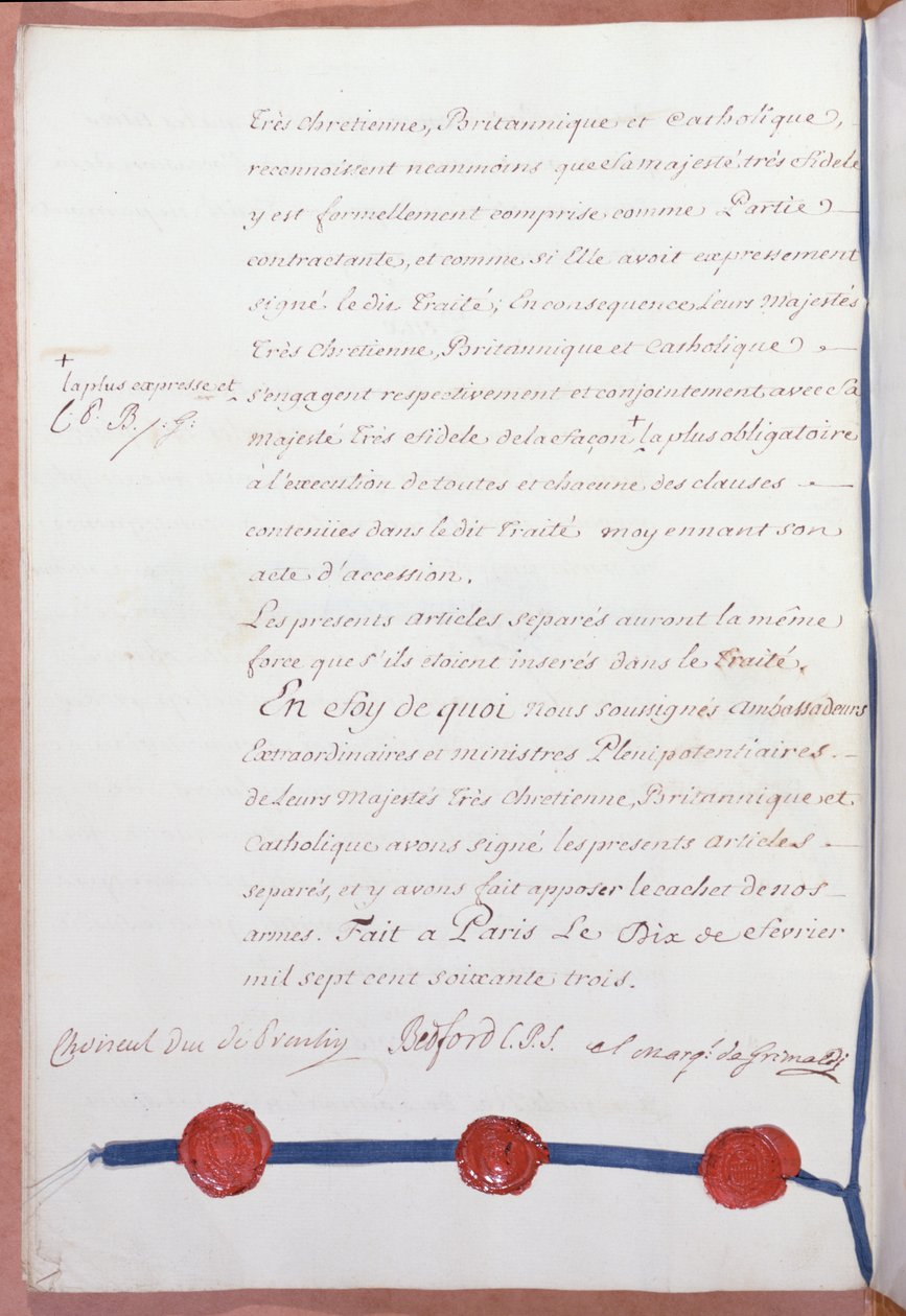 Paris-traktaten som avslutter syvårskrigen, undertegnet av Frankrike, Storbritannia og Spania 10. februar 1763 av French School