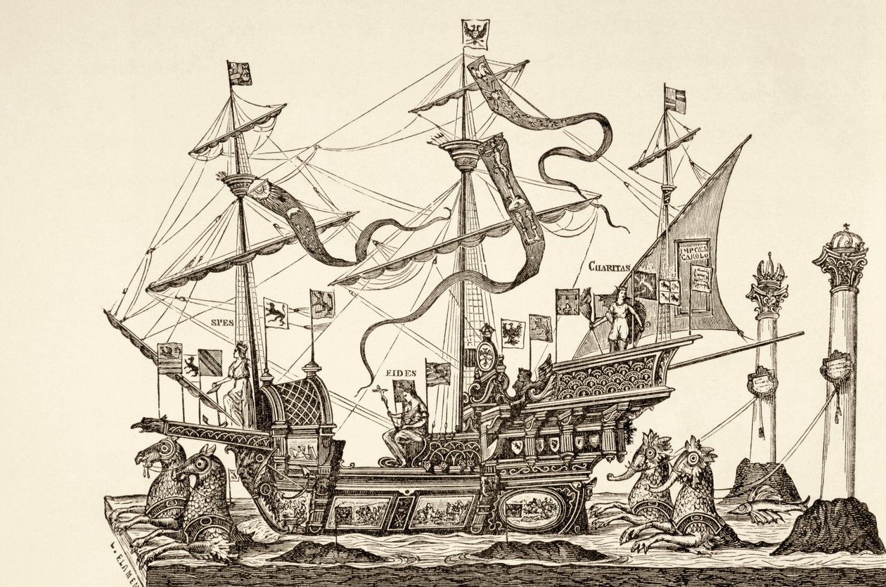 Triumffartøy tegnet på en vogn i Brussel i 1558, fra 