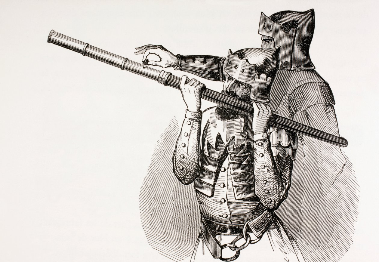 To soldater fra 1400-tallet med en håndpistol eller avfyringsbatong, fra 