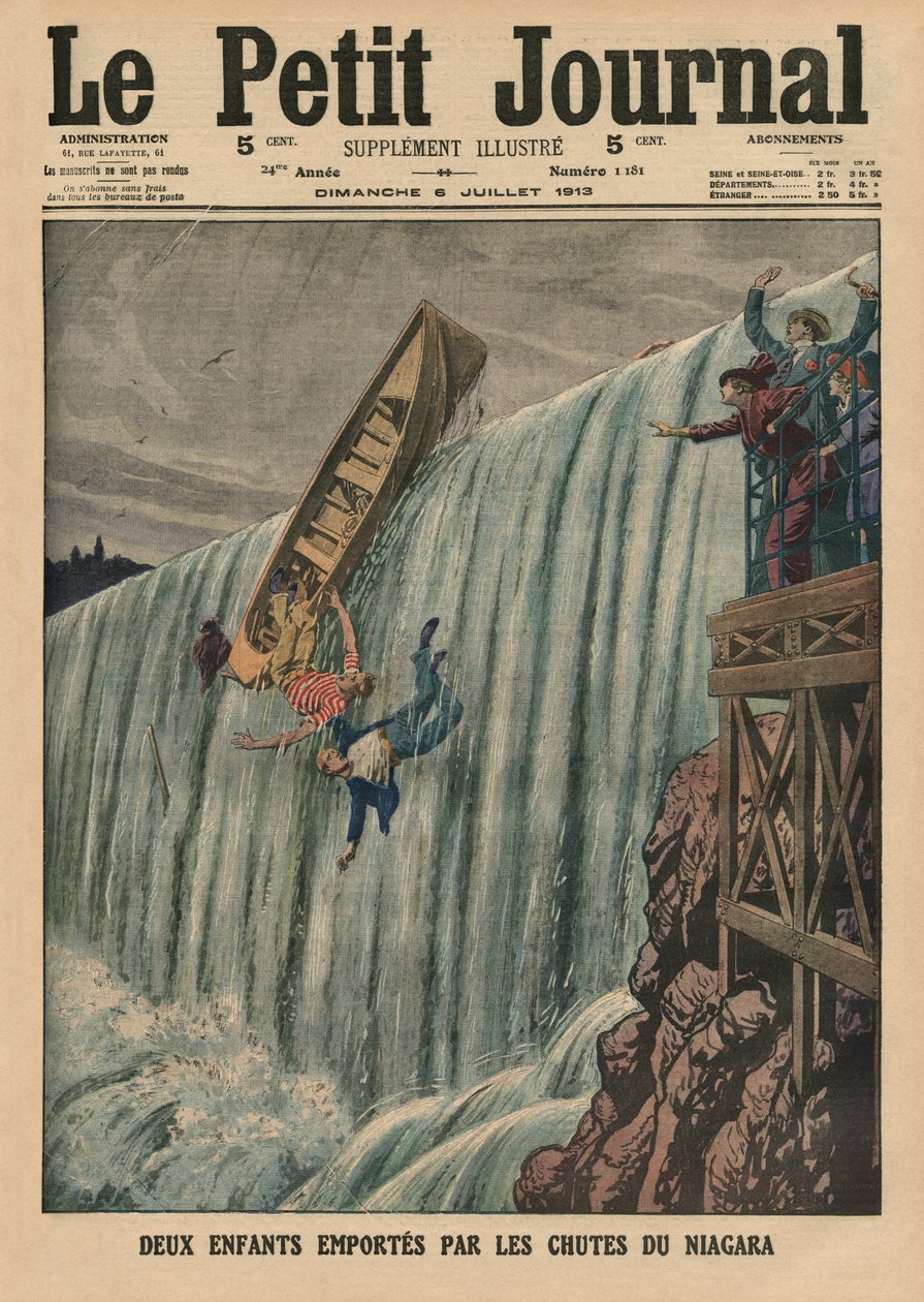 To barn båret med av Niagara Falls, forsideillustrasjon fra 'Le Petit Journal', tilleggsillustre, 6. juli 1913 av French School