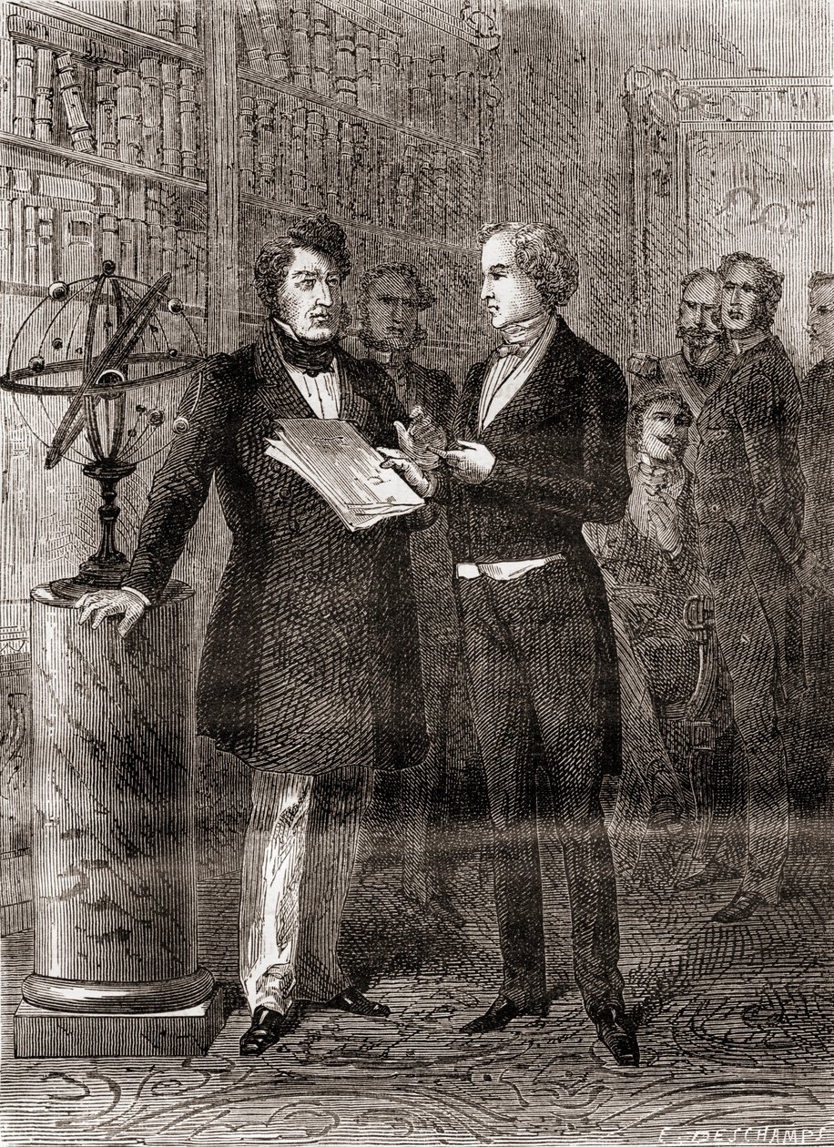 Urbain Jean Joseph Le Verrier, til høyre, mottatt av kong Louis-Philippe, til venstre, på The Tuilleries, Paris, Frankrike, etter hans oppdagelse av planeten Neptun i 1846, fra Les Merveilles de la Science, pub av French School