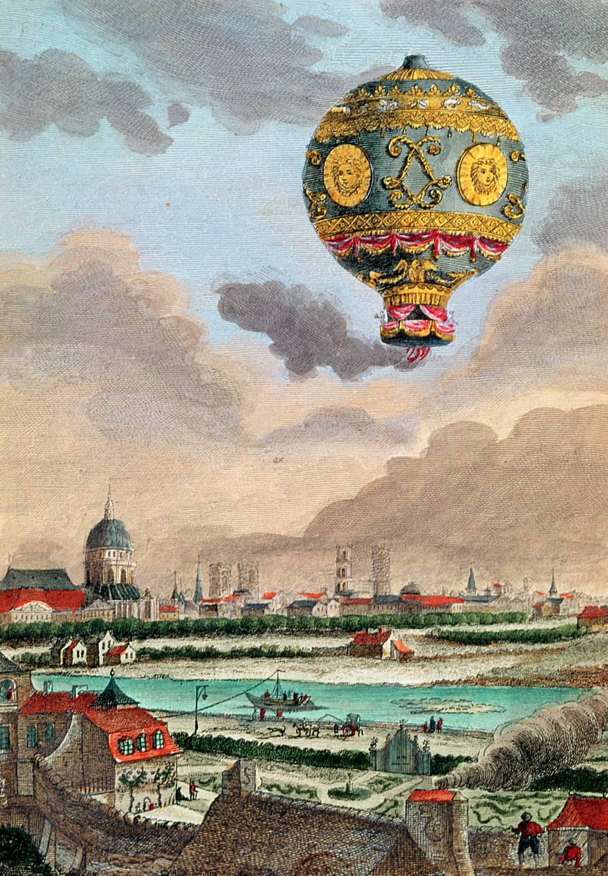 Utsikt fra terrassen til Monsieur Franklin ved Passy av den første flyturen under ledelse av Monsieur de Montgolfier, 21. november 1783 av French School