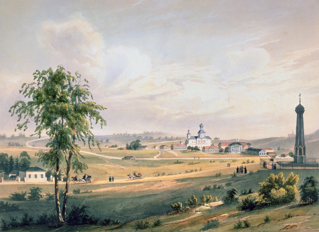 Utsikt over Borodino, stedet for det avgjørende slaget, trykt av J. Jacottet, utgitt av Lemercier, Paris, 1830-årene av French School