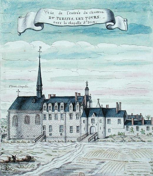 Utsikt over Chateau de Plessis-les-Tours og kapellet St. Jean i Tourraine, 1699 (penn og blekk og wc på papir) (se også 173767) av French School