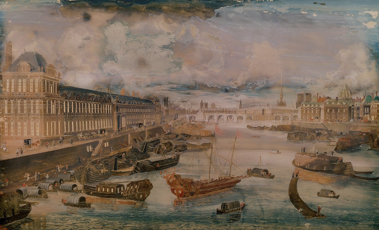 Utsikt over Seinen, Grande Galerie of Louvre og College des Quatre Nations, ca. 1680 av French School