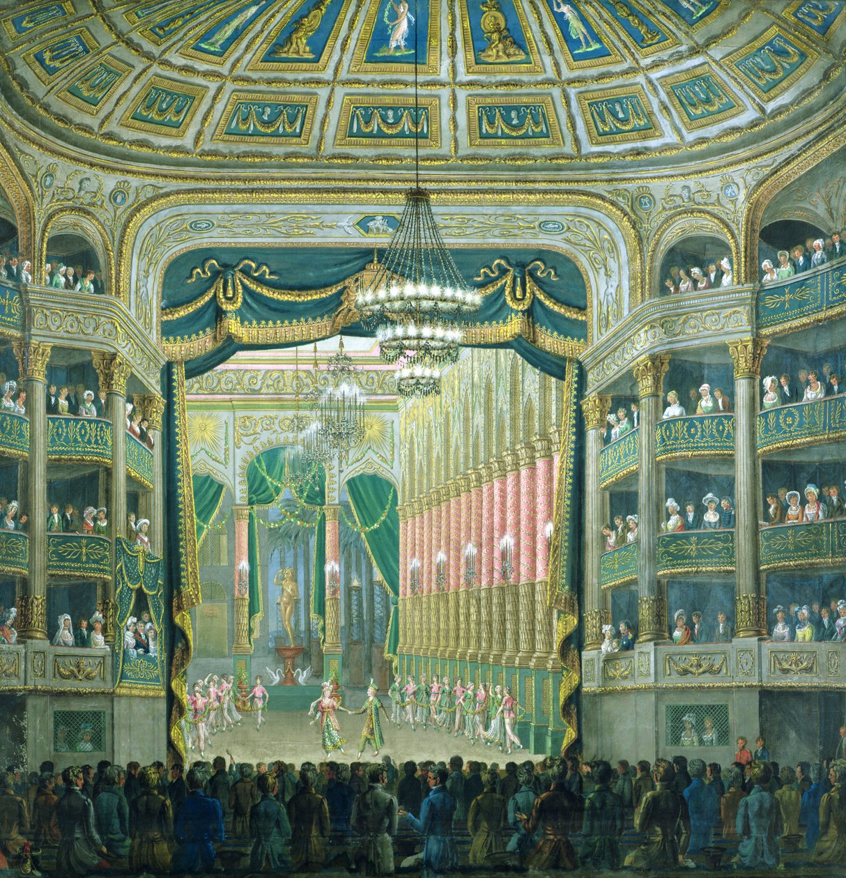 Utsikt over scenen til Paris Opera, Rue Richelieu, Paris av French School