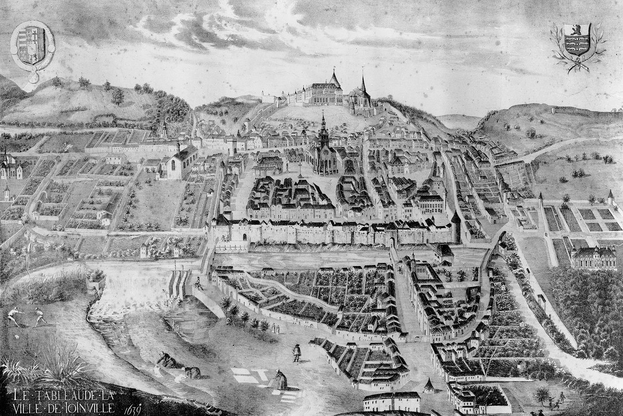 Utsikt over slottet og byen Joinville, fra et maleri fra 1639 av French School