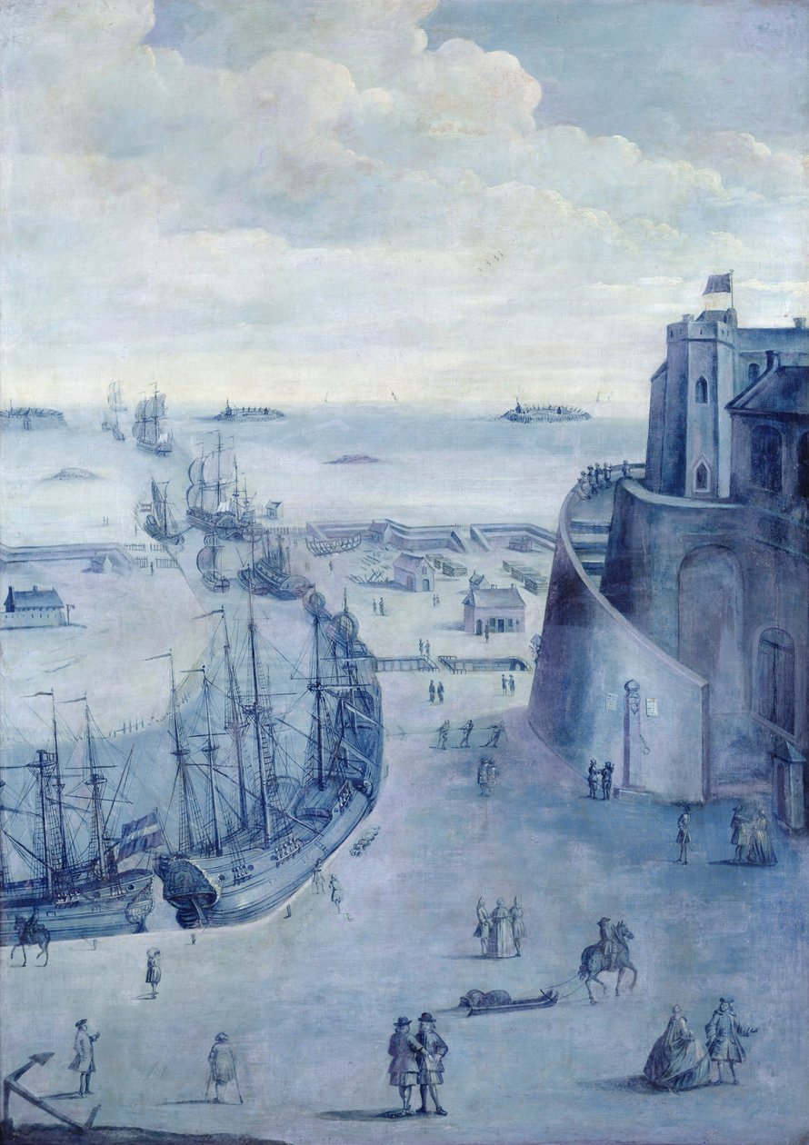 Utsikt over havnen i Dunkirk og slottet til Dame de Cassel av French School