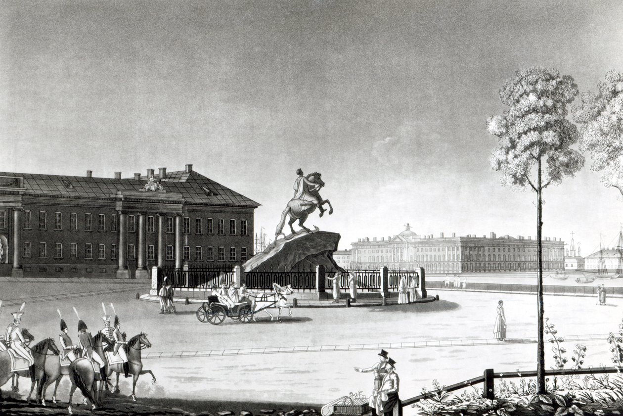 Utsikt over statuen av Peter den store på Senatsplassen, St.Petersburg av French School