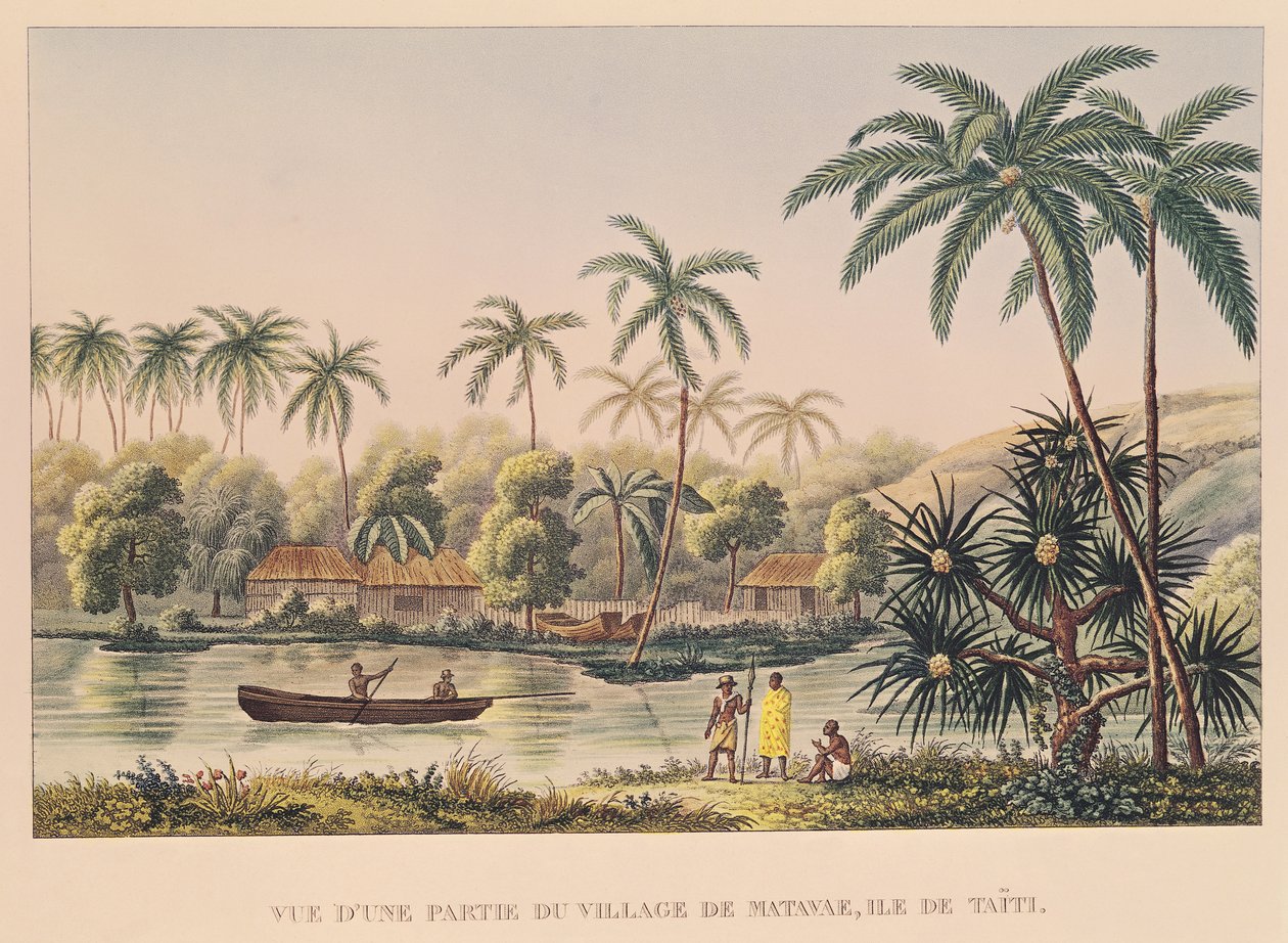 Village of Matavae, Tahiti, illustrasjon fra "Voyage around the World on the Corvette Coquille" av løytnant Louis Isodore Duperrey av French School