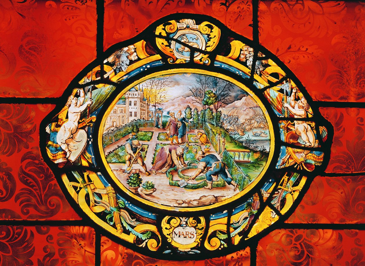 Vindu som viser mars, fra Montigny (farget glass) av French School