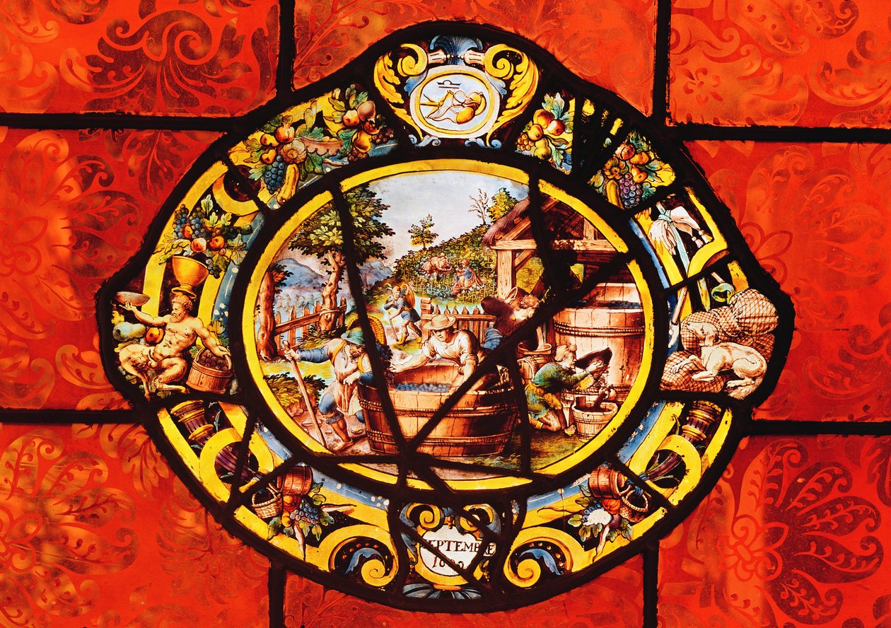 Vindu som viser september, fra Montigny (farget glass) av French School