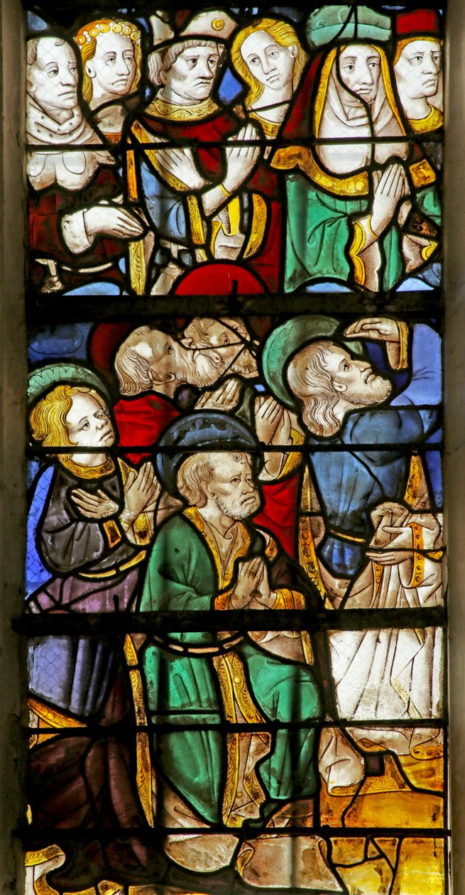 Vindu som viser apostlene og andre ved Kristi annet komme, 1470-1500 (detalj av 2921838) av French School