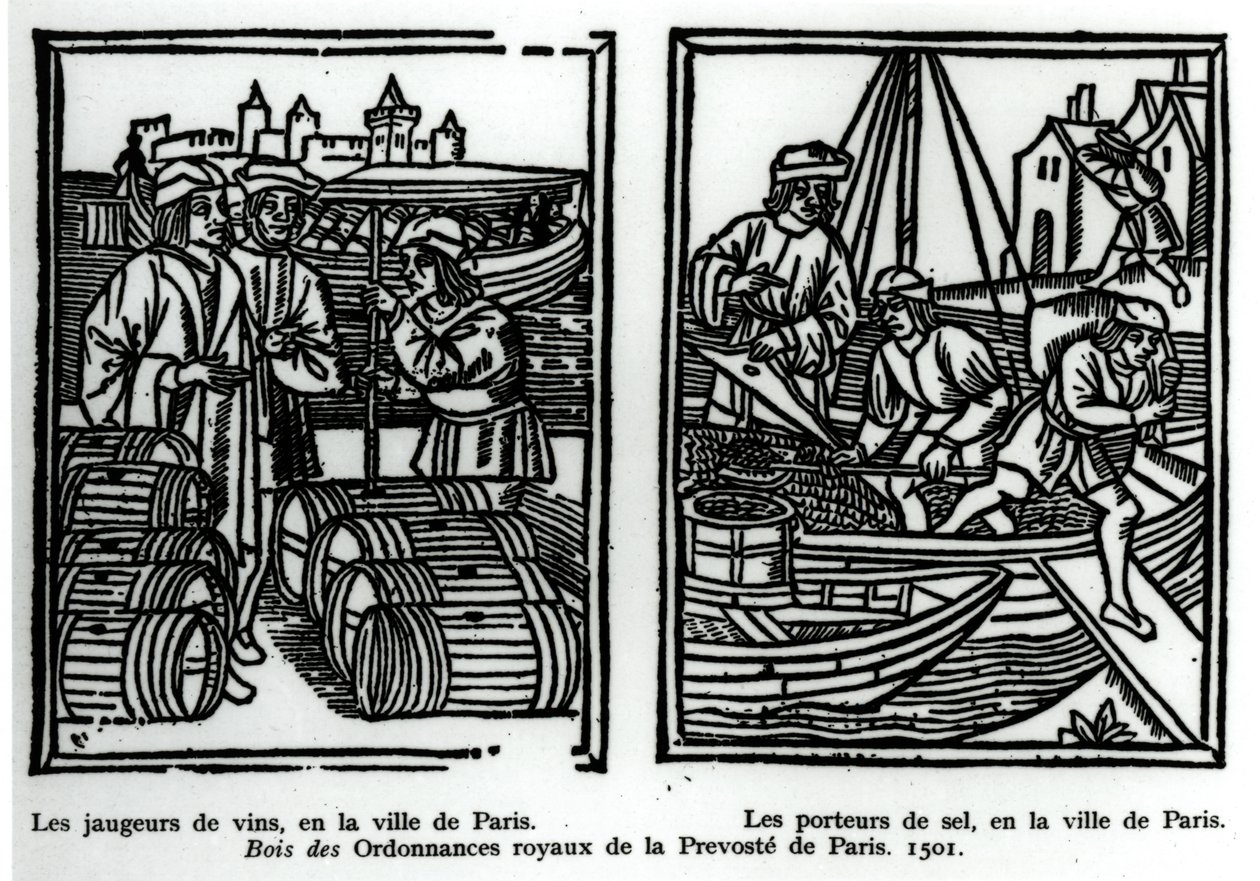 Vinmålere og salthandlere, 1501 (xylograf) av French School