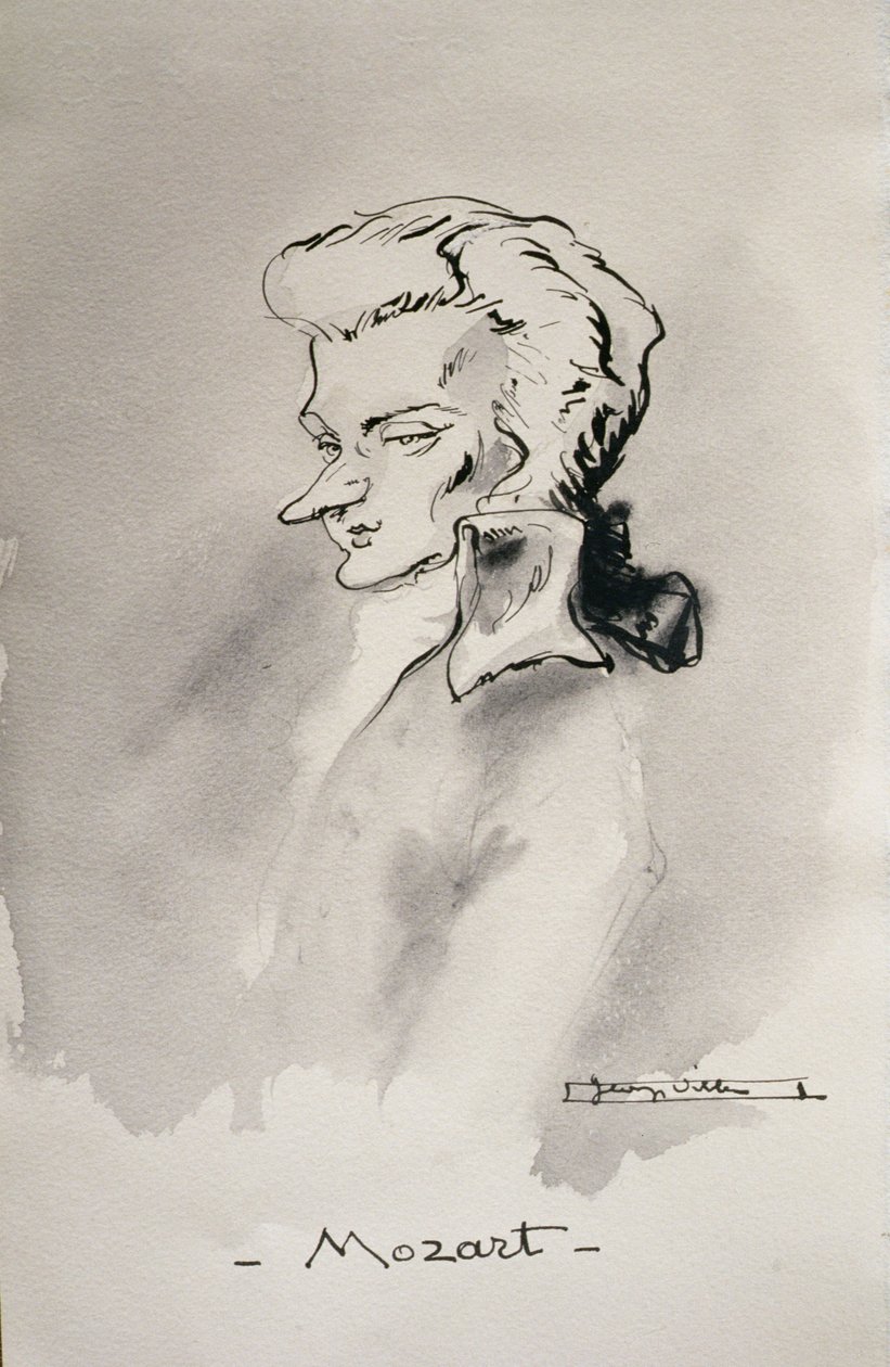 Wolfgang Amadeus Mozart (1756-91) (penn- og blekkvask på papir) av French School