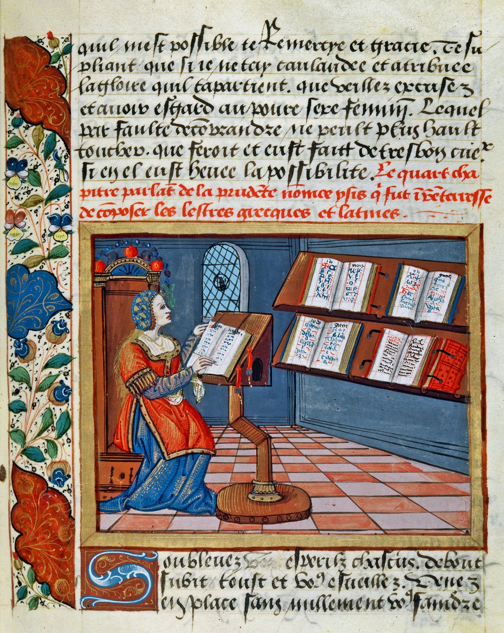 Kvinne som belyser boken om de kloke og uforsiktige av Catherine dAmboise, 1509 av French School