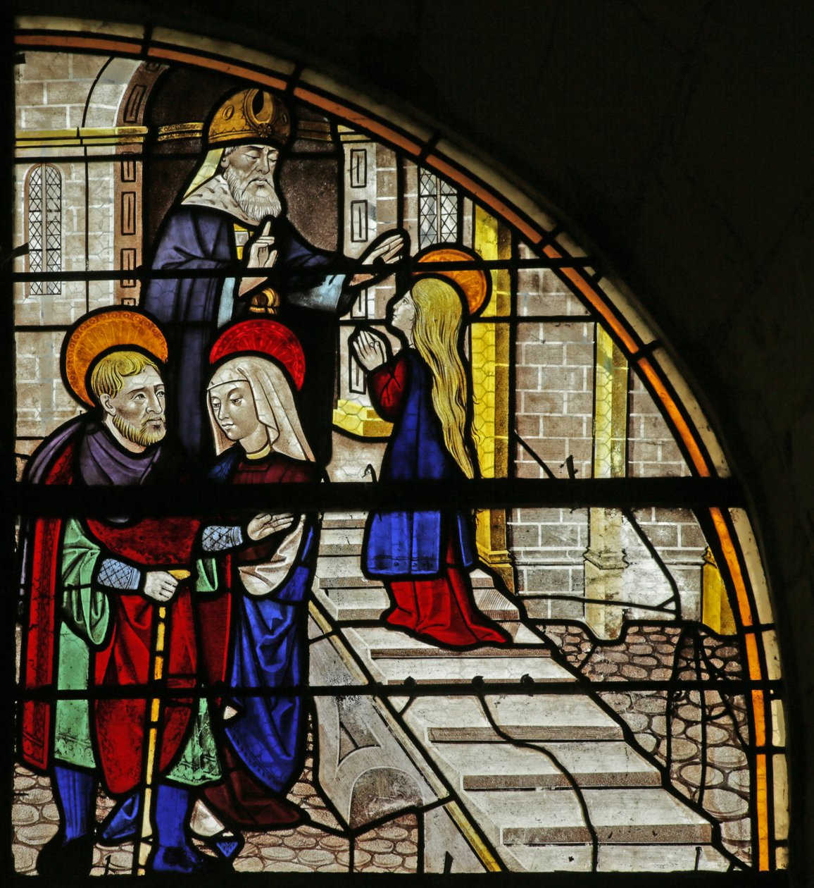 Vindu som viser Virgin Mary Story: Presentation in Temple, 1500-1900-tallet (for det meste moderne) av French School