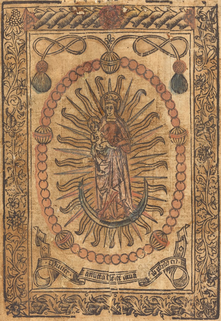 Madonnaen og barnet i en rosenkrans av French 15th Century