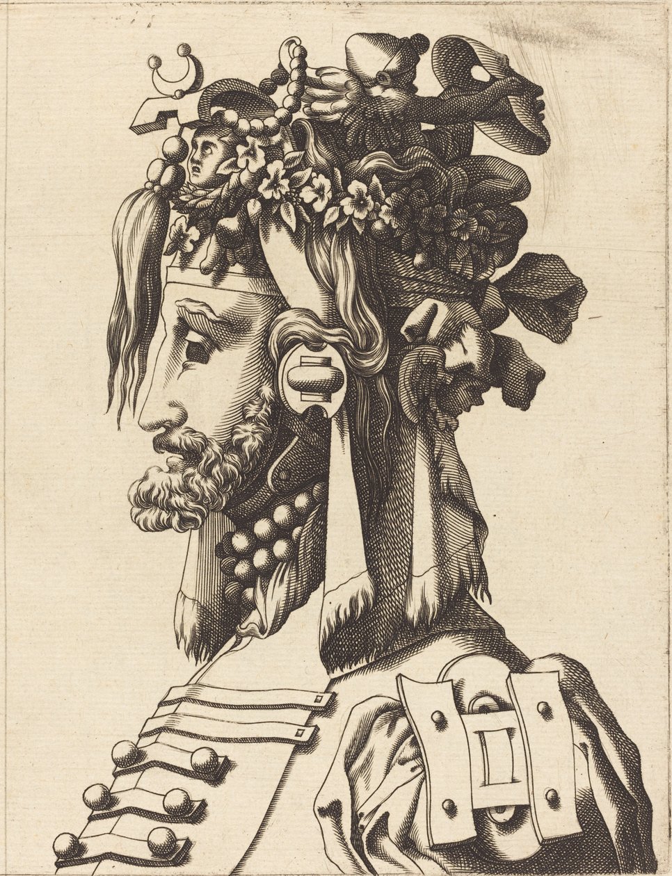 Byste av en mann i ekstravagant kostyme av French 16th Century after René Boyvin or Pierre Milan