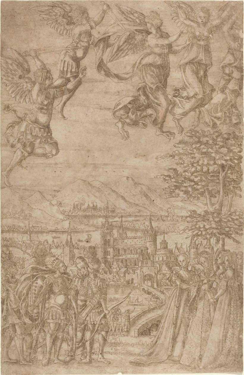 En konge og hans følge konfronterer damer under en himmelsk kamp av French 17th Century