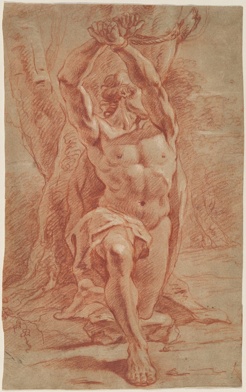 Knelende mann bundet til et tre av French 17th Century