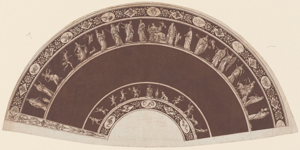 En vifte med klassiske figurer som behandler til Apollo av French 18th Century