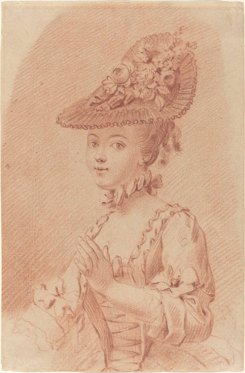 En ung jente med en blomstret hatt av French 18th Century