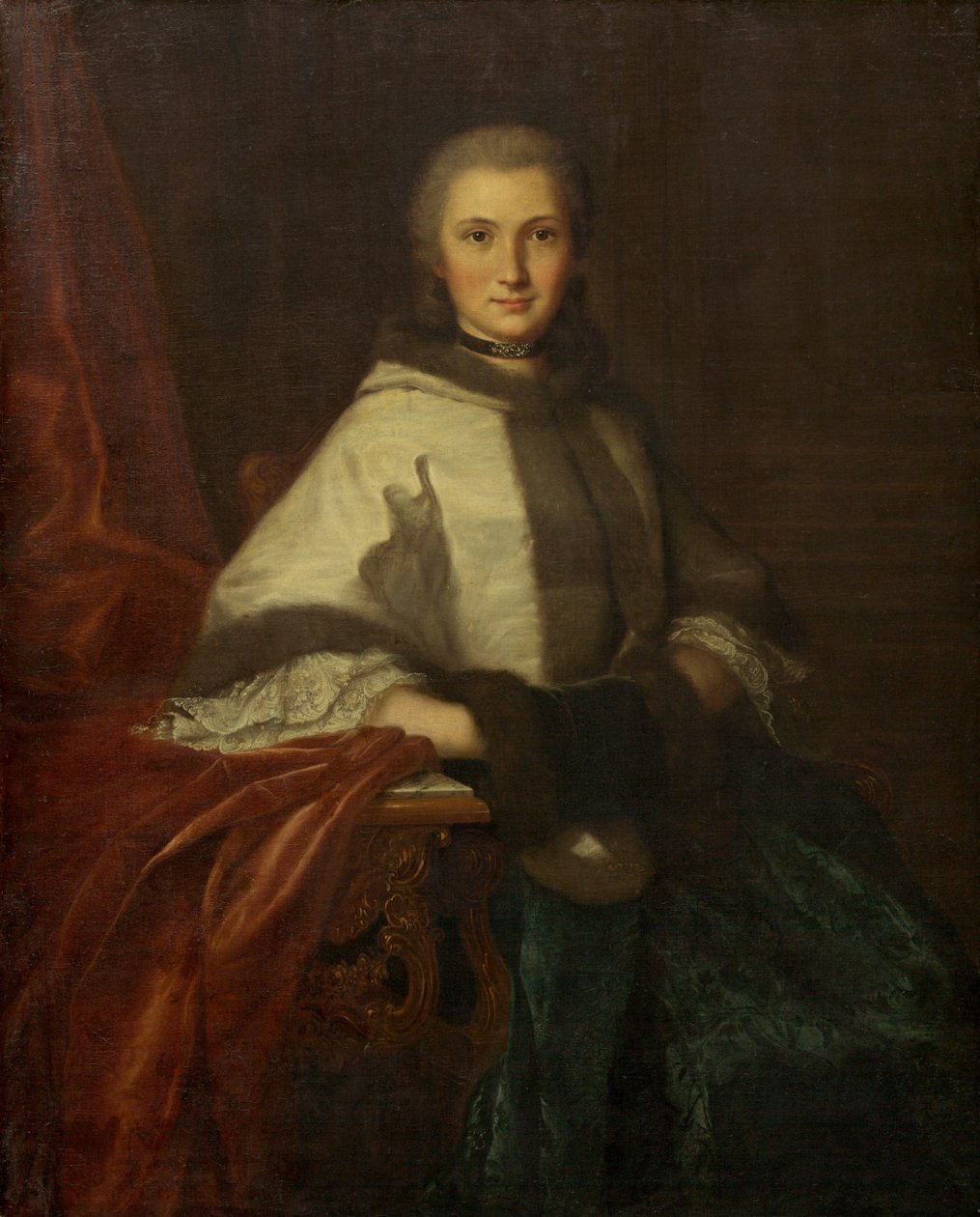 Ung kvinne med en muffe av French 18th Century