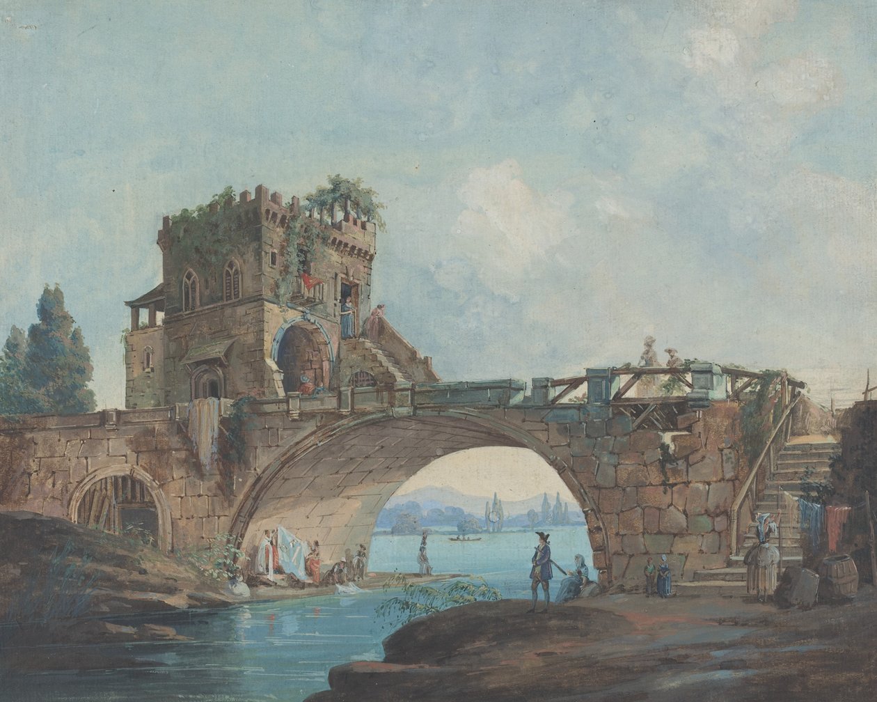Ponte Salario med vaskerier av French 18th Century after Hubert Robert