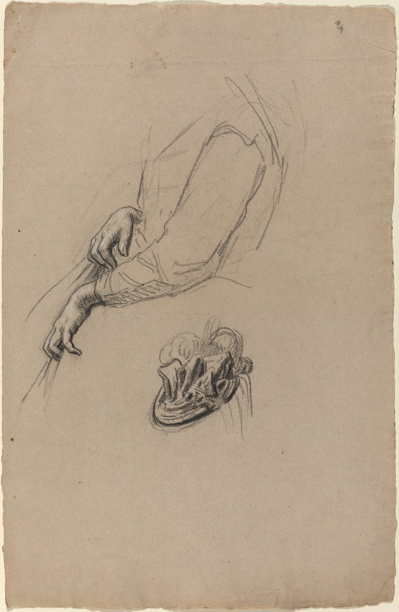 Ung kvinnes hender og beribboned hatt av French 19th Century