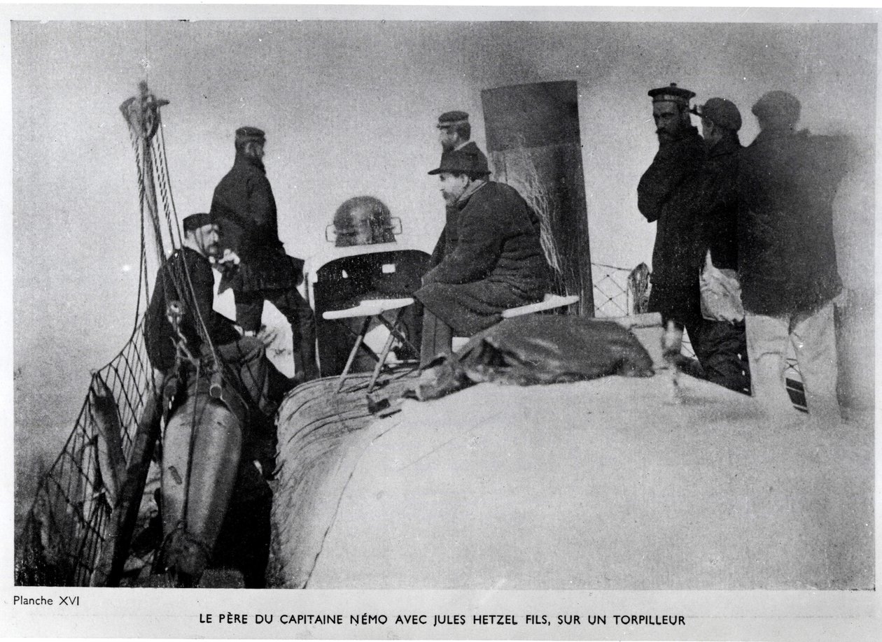 Jules Verne (1828-1905) og Jules Hetzel sønn på en torpedo. av French Photographer