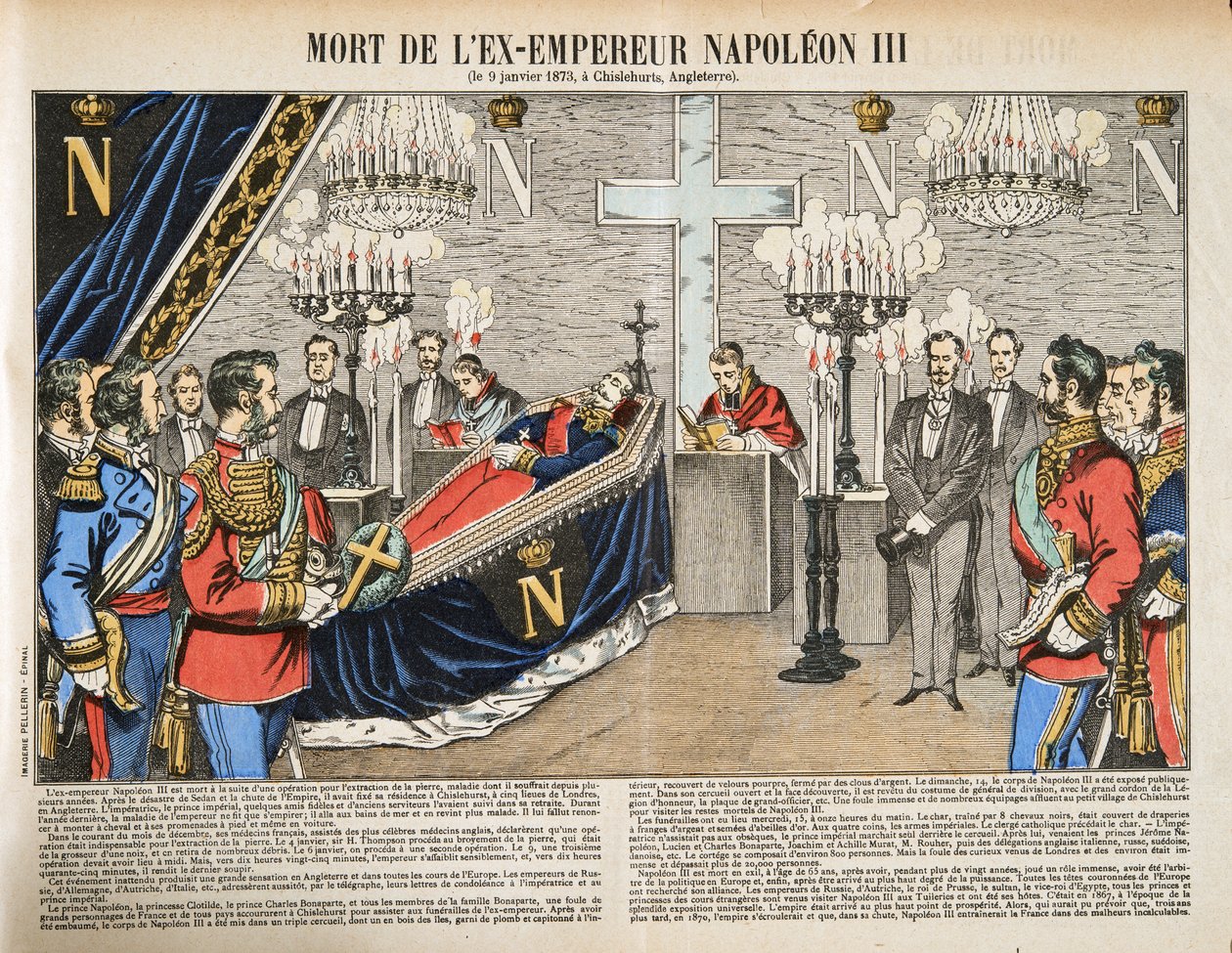 Død av eks-keiser Napoleon III, fra Histoire de la Troisieme Republique, Vol. I, Politisk historie, pub.1933 (farge litho) av French Photographer