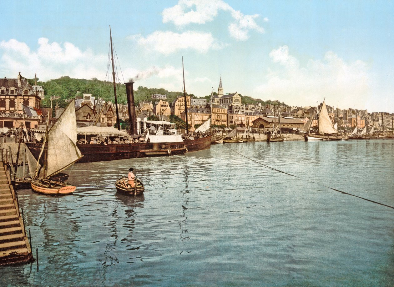 Pakkebåt på Touques-elven, Trouville, pub. 1900 av French Photographer