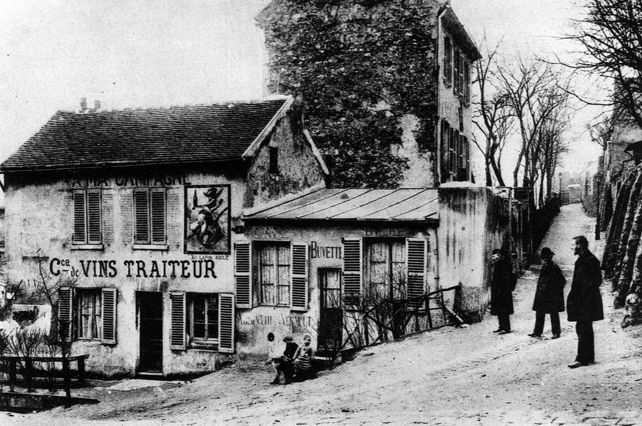 Paris: cabaret des assassins, cabaret du Lapin Agile rue des Saules - fotografi, slutten av 1800- eller begynnelsen av 1900-tallet av French Photographer