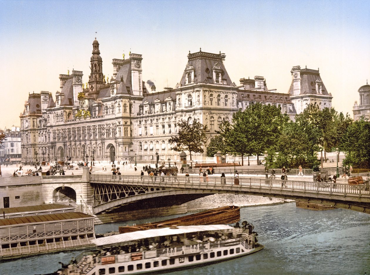 Pont dArcole og The Hotel de Ville, Paris, pub. ca. 1900 av French Photographer