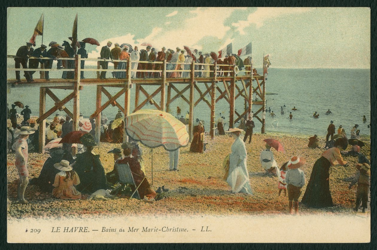 Postkort som viser badene Marie-Christine ved Le Havre, ca. 1900 (farget sv-foto) av French Photographer