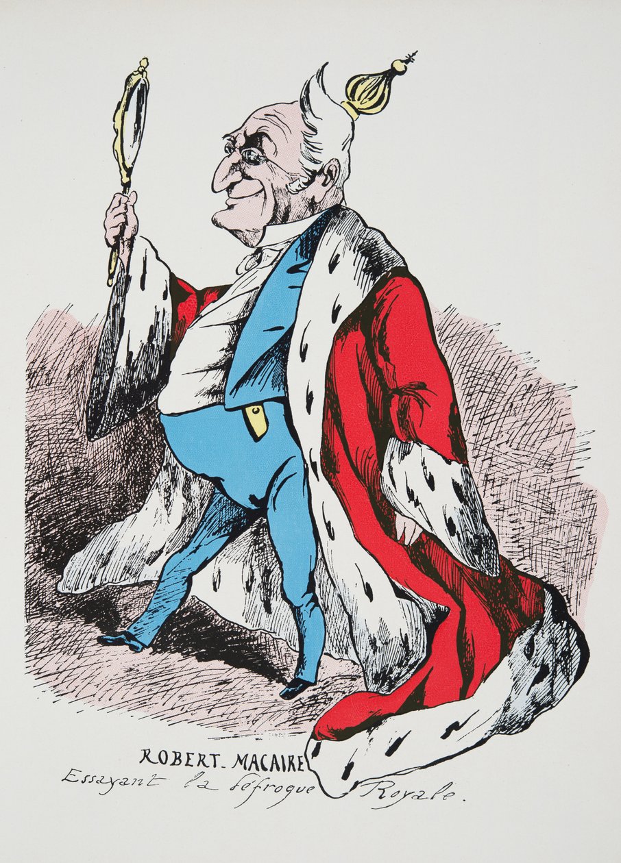 Robert Macaire - Trying on the Royal Disfrock, fra Histoire de la Troisieme Republique, Vol. I, Politisk historie, pub.1933 (farge litho) av French Photographer