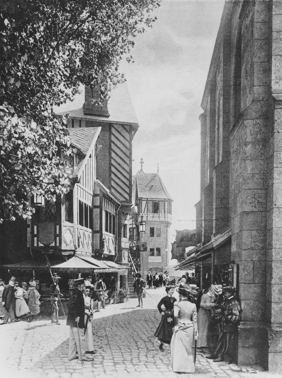 Rue des Vieilles Ecoles og Saint Julien-kirken, i gamle Paris, på Exposition Universelle i 1900 av French Photographer