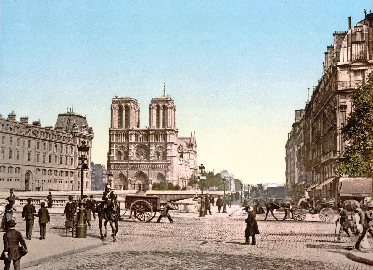 Vestfasade av Notre Dame, og Pont St. Michel, Paris, pub. ca. 1900 av French Photographer