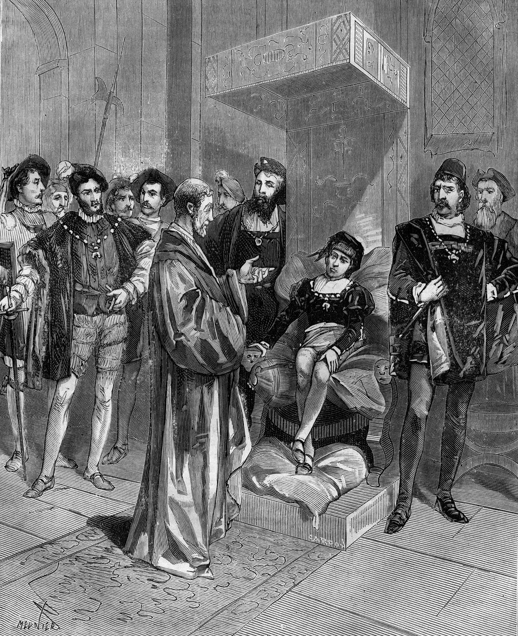 (Cardanus Hieronymus) Gerolamo Cardano (Jerome Cardan), italiensk lege, matematiker og filosof (1501-1576), som presenterer horoskopet til kong Edward VI av England. i «Populær vitenskapshistorie, oppfinnelser og oppdagelser fra de første århundrer til av French School