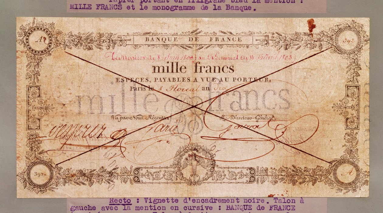 1000 Francs seddel fra 8 Floreal, An X (28. april 1802) (blekk på papir) av French School