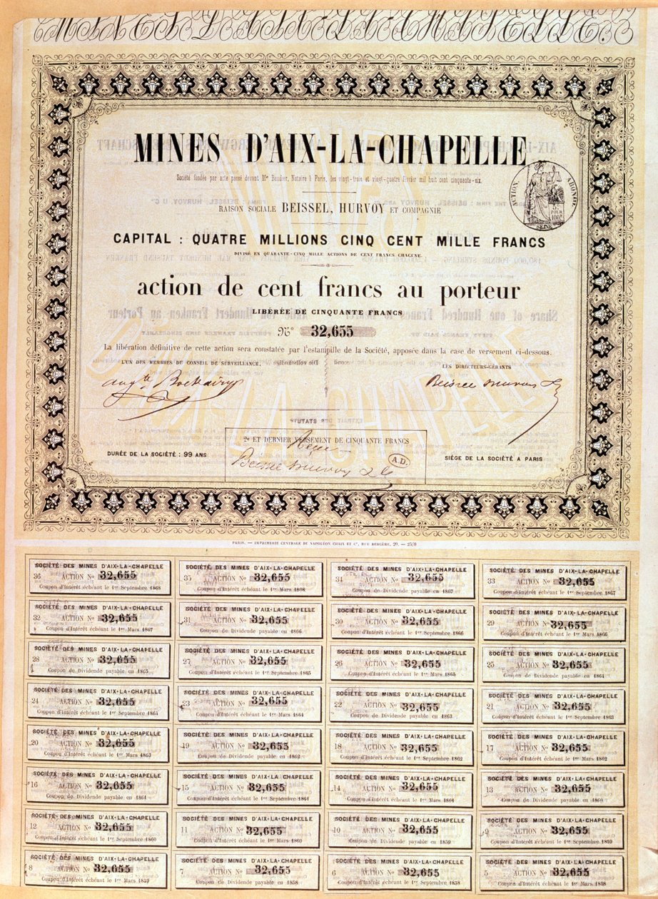 100 franc Bærerandel av Aachen-gruvene, 1856 av French School