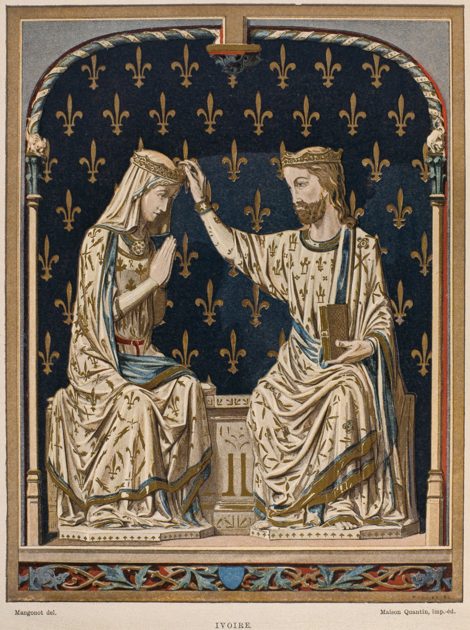 1300-talls kroning av jomfruen, elfenben fra Louvre, illustrasjon fra Dictionnaire de lameublement et de la dekorasjonen av Henry Havard, bind 3, plate 1, Paris, Maison Quantin, 1878 (co. av French School