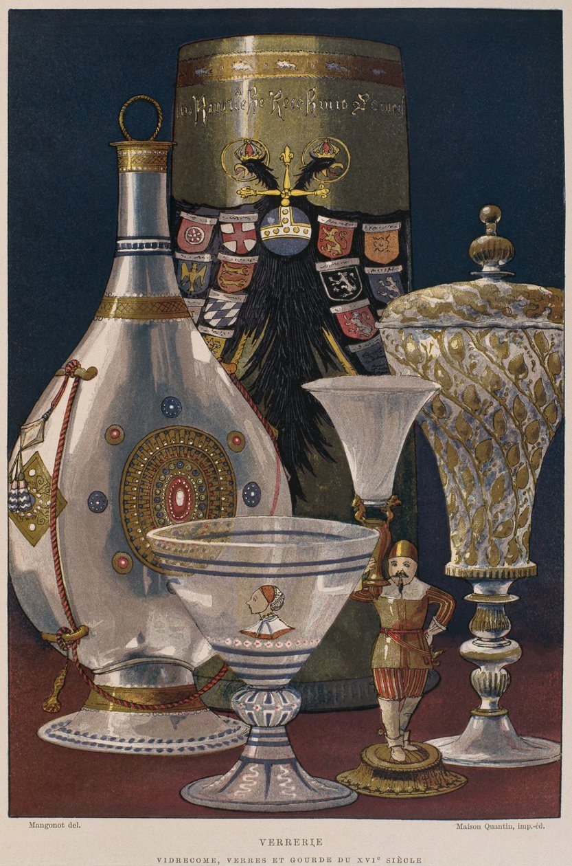 Glass fra 1500-tallet, illustrasjon fra Dictionnaire de lameublement et de la dekorasjonen av Henry Havard, bind 4, plate 61, Paris, Maison Quantin, 1878 av French School