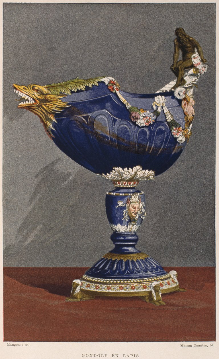 1500-talls gondolformet kopp innlagt med lapis lazuli, montert i emaljert og forgylt sølv, illustrasjon fra Dictionnaire de lameublement et de la dekorasjonen av Henry Havard, bind 2, tallerken av French School