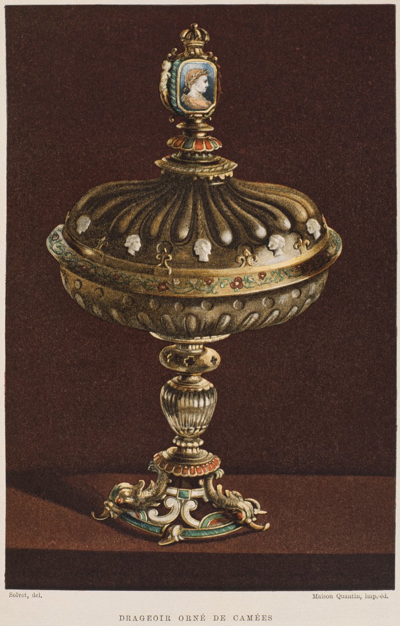 Søt krukke fra 1600-tallet med cameos, illustrasjon fra Dictionnaire de lameublement et de la dekorasjonen av Henry Havard, bind 2, tallerken 11, Paris, Maison Quantin, 1878 av French School